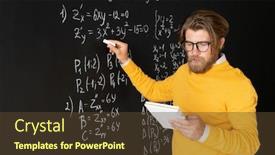  Presentation with equation - Presentation theme having serious-teacher-with-copybook-pointing background and a tawny brown colored foreground