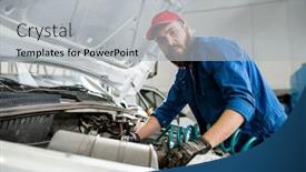  Presentation with hangar - Presentation theme featuring serious technician in workwear looking at you while repairing engine of broken machine in his workshop or hangar background and a light gray colored foreground