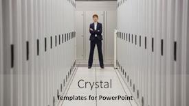  Presentation with server - Cool new presentation theme with serious technician standing in server hallway in large data center backdrop and a light gray colored foreground