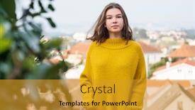  Presentation with teenage girl - Amazing PPT theme having serious-teenage-girl-in-yellow backdrop and a gold colored foreground