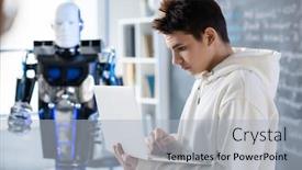  Presentation with software - Audience pleasing PPT layouts consisting of serious-teenager-looking-at-laptop backdrop and a light gray colored foreground