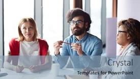  Presentation with knowledge - Theme featuring serious thoughtful business people in casual clothing sitting at table and watching presentation while getting knowledge at meeting background and a light blue colored foreground
