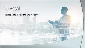  Presentation with cityscape - Amazing presentation design having serious thoughtfull businessman writing in notebook against a cityscape background backdrop and a sky blue colored foreground