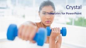  Presentation with boxing - Presentation theme enhanced with serious toned brunette boxing dumbbells towards camera in bright room background and a sky blue colored foreground