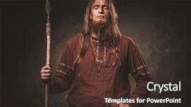  Presentation with warrior - Presentation theme with serious viking with a spear in a traditional warrior clothes on a dark background background and a tawny brown colored foreground