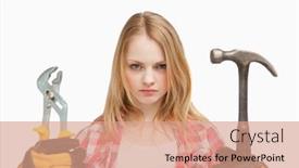  Presentation with home wrench screwdriver - Colorful slide deck enhanced with serious-woman-holding-a-hammer backdrop and a coral colored foreground