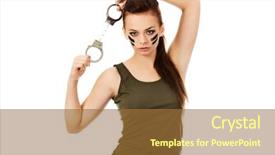  Presentation with futuristic combat soldier - Audience pleasing presentation design consisting of serious woman soldier hold handcuffs backdrop and a tawny brown colored foreground