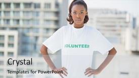 Presentation with tshirt - Cool new theme with serious woman with hands on hips wearing volunteer tshirt outdoors on urban background backdrop and a sky blue colored foreground