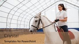  Presentation with horse riding - Amazing PPT theme having woman looking straight while riding backdrop and a coral colored foreground