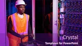  Presentation with server room - Cool new presentation design with serious-young-african-american-repairman backdrop and a violet colored foreground