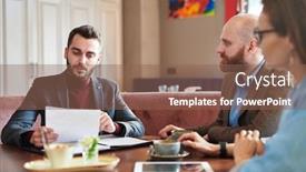  Presentation with entrepreneur - Slides enhanced with serious-young-bearded-entrepreneur-attentively background and a violet colored foreground