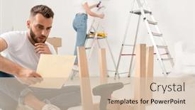  Presentation with young - Slides enhanced with serious-young-bearded-man-sitting background and a lemonade colored foreground