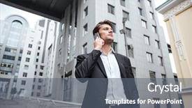  Presentation with cell - Colorful presentation design enhanced with serious young businessman in black suit standing and talking on cell phone near business center backdrop and a gray colored foreground