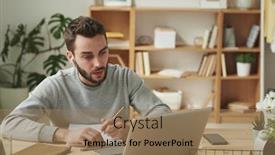  Presentation with remote work - Presentation theme having serious-young-businessman-with-earphones background and a coral colored foreground