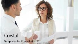  Presentation with discussion - Beautiful slide deck featuring serious young businesswoman listening backdrop and a light gray colored foreground