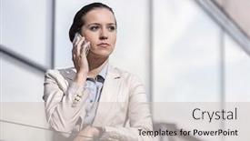  Presentation with railing - Beautiful slide deck featuring serious young businesswoman using cell phone at office railing backdrop and a lemonade colored foreground