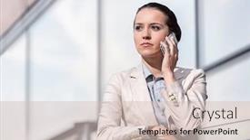  Presentation with railing - PPT layouts enhanced with serious young businesswoman using cell phone at office railing background and a soft green colored foreground