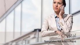 Presentation with railing - PPT theme consisting of serious young businesswoman using smart phone at office railing background and a mint green colored foreground