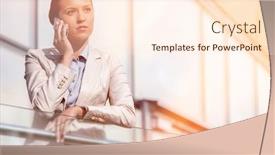  Presentation with railing - Cool new theme with serious young businesswoman using smart phone at office railing backdrop and a cream colored foreground