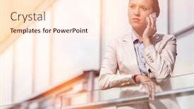  Presentation with railing - PPT theme featuring serious young businesswoman using smart phone at office railing background and a cream colored foreground