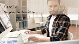  Presentation with data analyst - Audience pleasing presentation theme consisting of serious young casual analyst sitting backdrop and a coral colored foreground