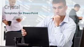  Presentation with team leader - Cool new presentation theme with serious-young-casual-business-team backdrop and a sky blue colored foreground