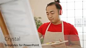  Presentation with music studio - Presentation design having serious-young-chinese-man background and a mint green colored foreground