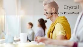  Presentation with net - Cool new presentation design with serious young designer sitting by desk among his colleagues and watching something curious in the net backdrop and a coral colored foreground