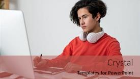  Presentation with home office - Colorful slides enhanced with serious-young-designer-with-headphones backdrop and a red colored foreground