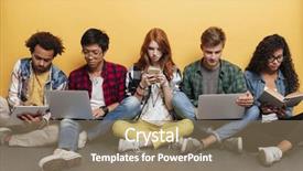  Presentation with friends - Beautiful presentation theme featuring young friends with laptops book backdrop and a  colored foreground