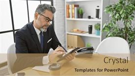  Presentation with grey - Presentation with serious-young-hispanic-man-grey background and a coral colored foreground