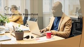  Presentation with coworking - Presentation theme having serious-young-male-broker background and a coral colored foreground