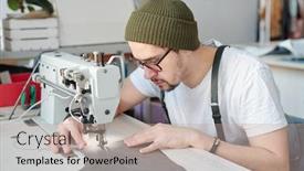  Presentation with sewing needle - Presentation theme having serious-young-male-leatherworker-bending background and a coral colored foreground