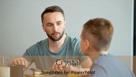  Presentation with breakfast sandwich - PPT layouts featuring serious-young-man-eating-homemade background and a coral colored foreground