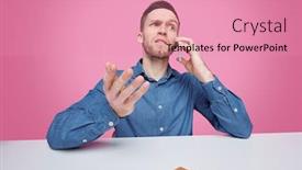  Presentation with logic - Audience pleasing presentation theme consisting of serious-young-man-in-jacket backdrop and a coral colored foreground
