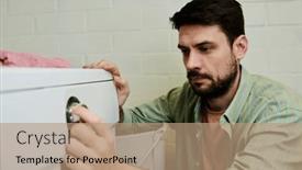  Presentation with machine - Slide deck featuring serious-young-man-squatting and a coral colored foreground