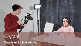  Presentation with video opening - Presentation theme consisting of serious-young-man-with-video background and a tawny brown colored foreground