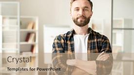  Presentation with front office - Amazing presentation having serious young office worker in white tee and casual shirt crossing his arms on chest while standing in front of camera backdrop and a coral colored foreground
