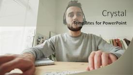  Presentation with consulting - Audience pleasing presentation theme consisting of serious-young-operator-with-headset backdrop and a light gray colored foreground