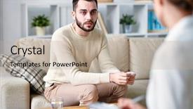  Presentation with loyality patient - PPT theme featuring serious young patient of psychotherapist background and a mint green colored foreground