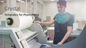  Presentation with press - Slides enhanced with serious-young-printing-specialist background and a light gray colored foreground