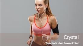  Presentation with listening woman - PPT layouts enhanced with serious young sports woman running background and a tawny brown colored foreground