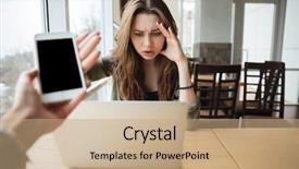  Presentation with laptop blank screen - Amazing PPT theme having serious young woman discarding the phone while using laptop in cafe phone with blank screen backdrop and a coral colored foreground