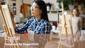  Presentation with art - PPT theme consisting of serious young woman painting background and a coral colored foreground