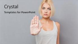  Presentation with weight loss woman showing - Cool new PPT layouts with serious young woman showing stop backdrop and a light gray colored foreground