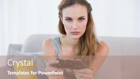  Presentation with video games playing - Colorful presentation theme enhanced with serious young woman sitting on sofa playing video games at home in the sitting room backdrop and a coral colored foreground