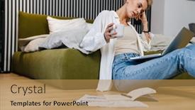  Presentation with important - Audience pleasing PPT theme consisting of serious-young-woman-sitting backdrop and a gold colored foreground