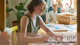  Presentation with workplace - Presentation theme featuring serious-young-woman-with-paintbrush background and a coral colored foreground
