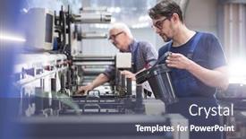  Presentation with printing press - Beautiful theme featuring serious-young-worker-in-glasses backdrop and a dark gray colored foreground