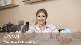  Presentation with standing out in the crowd - Slides having serv ices - portrait of young caucasian female background and a coral colored foreground